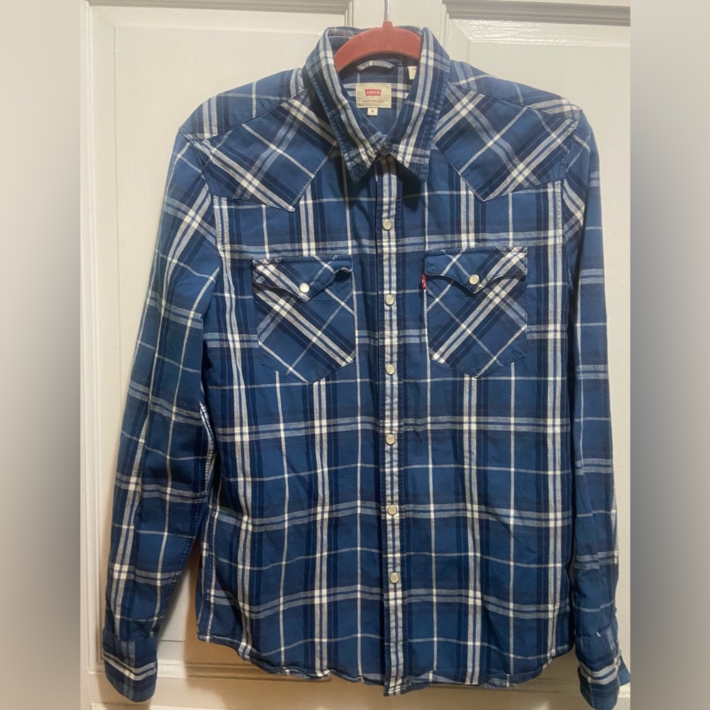 VTG Levi's Blue Plaid Pearl Snap Cotton Flannel Shirt Size Small Long Sleeves
